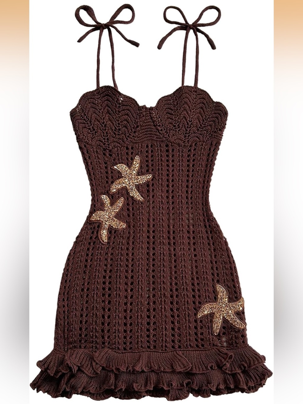 Brown Crochet Dress with Starfish Embellishments